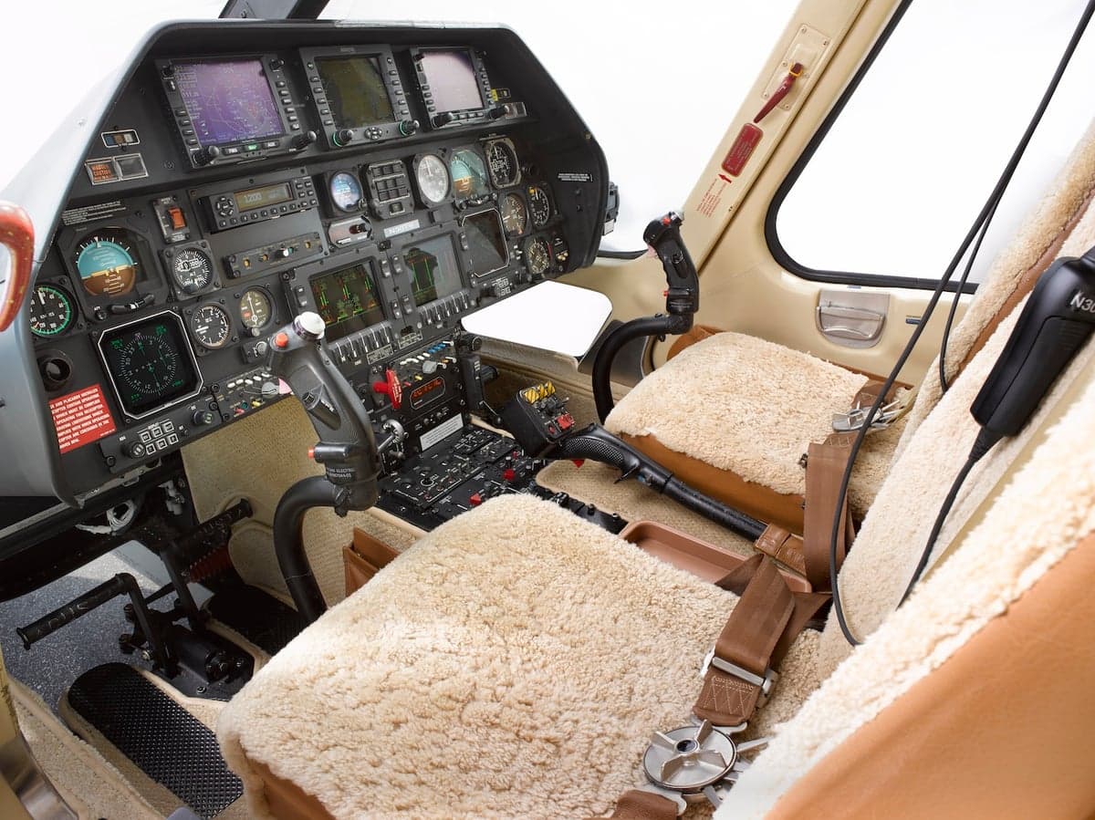 Cockpit view with sheepskin seat covers.