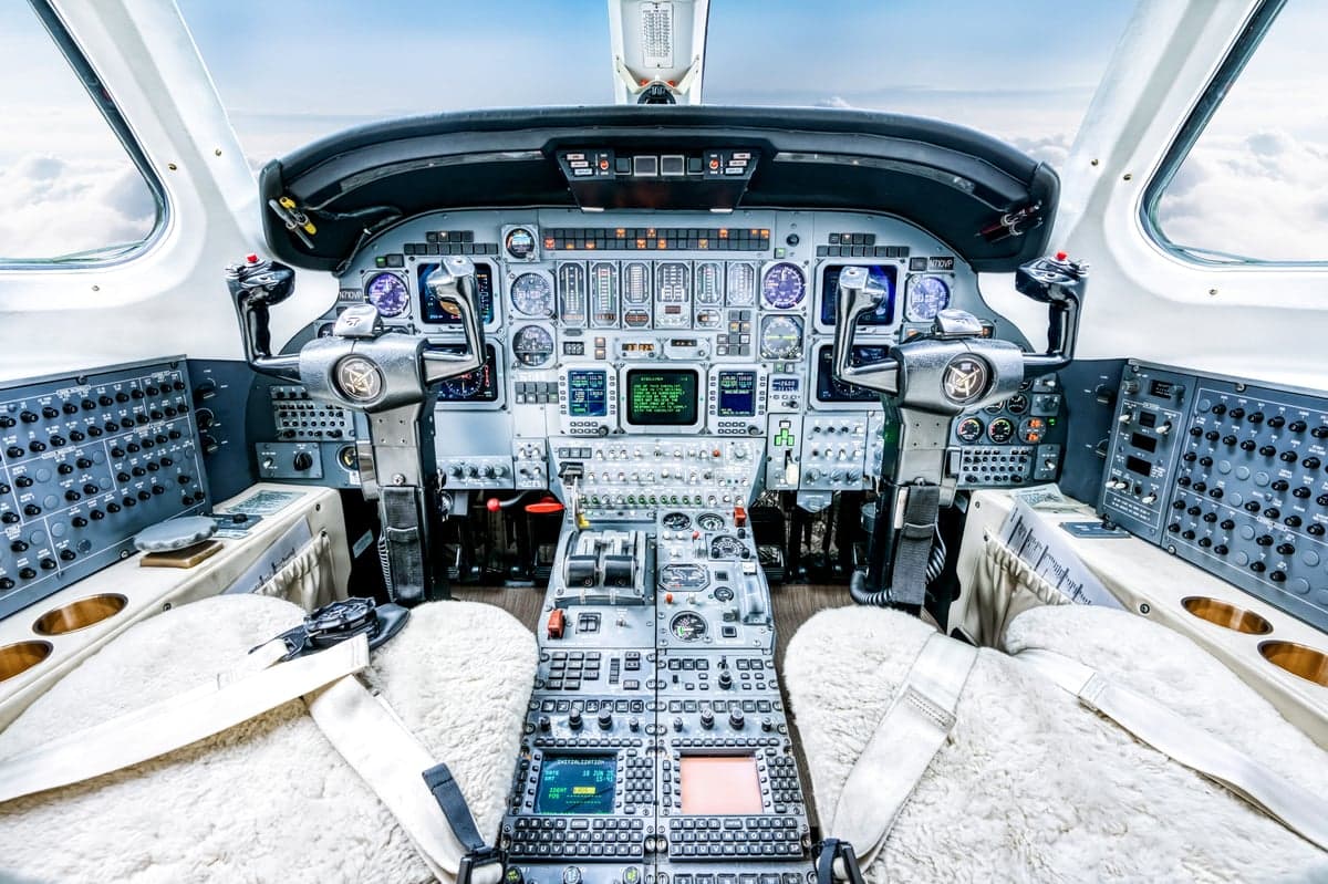 The cockpit of a Cessna Citation CJ3+ with full instrumentation.