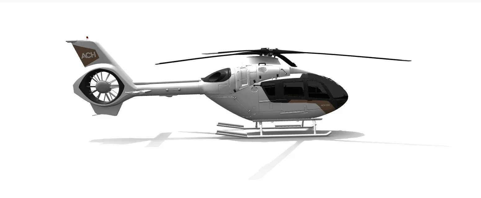 A white and brown Airbus Corporate Helicopters (ACH) H135 helicopter render on a white background.