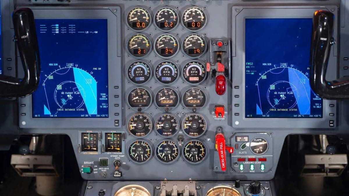 Close up of the instrument panel in the cockpit of a Falcon jet.