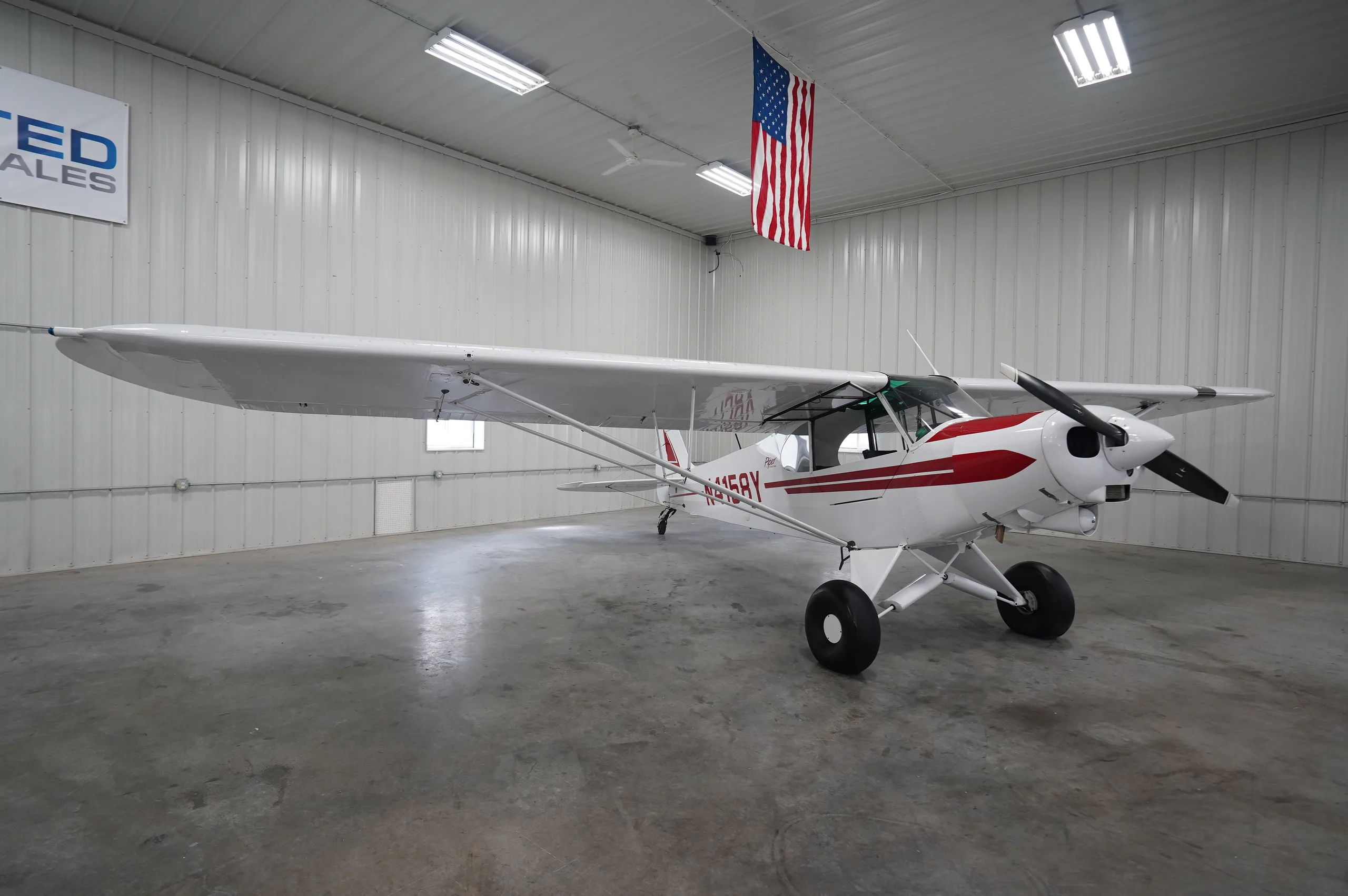 A white Piper Cub aircraft, registration N4158Y, with red stripes is parked in a hangar, with an "Elevated Aircraft Sales" logo visible.