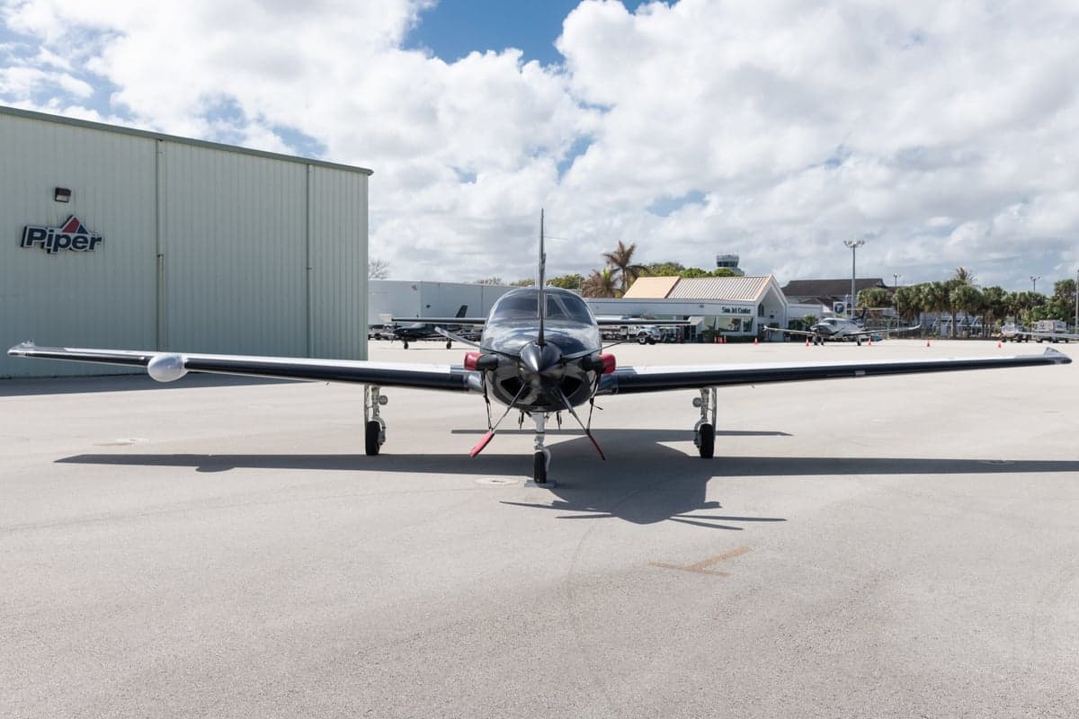 Front view of a Piper M600 HALO, registration N35PK, parked on the tarmac.