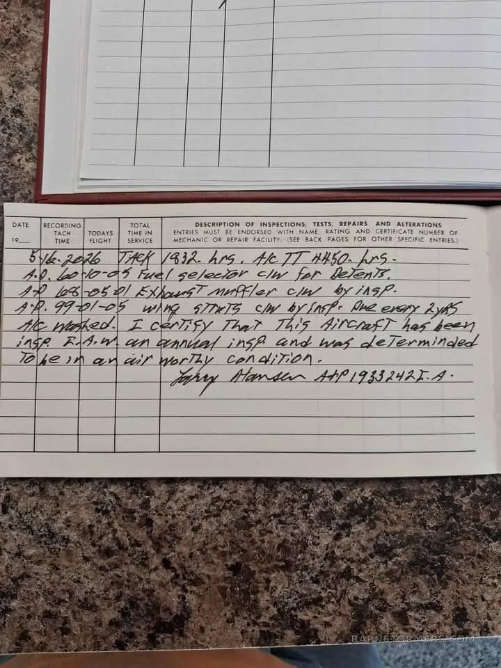 A handwritten aircraft logbook entry detailing inspections and airworthiness certification.
