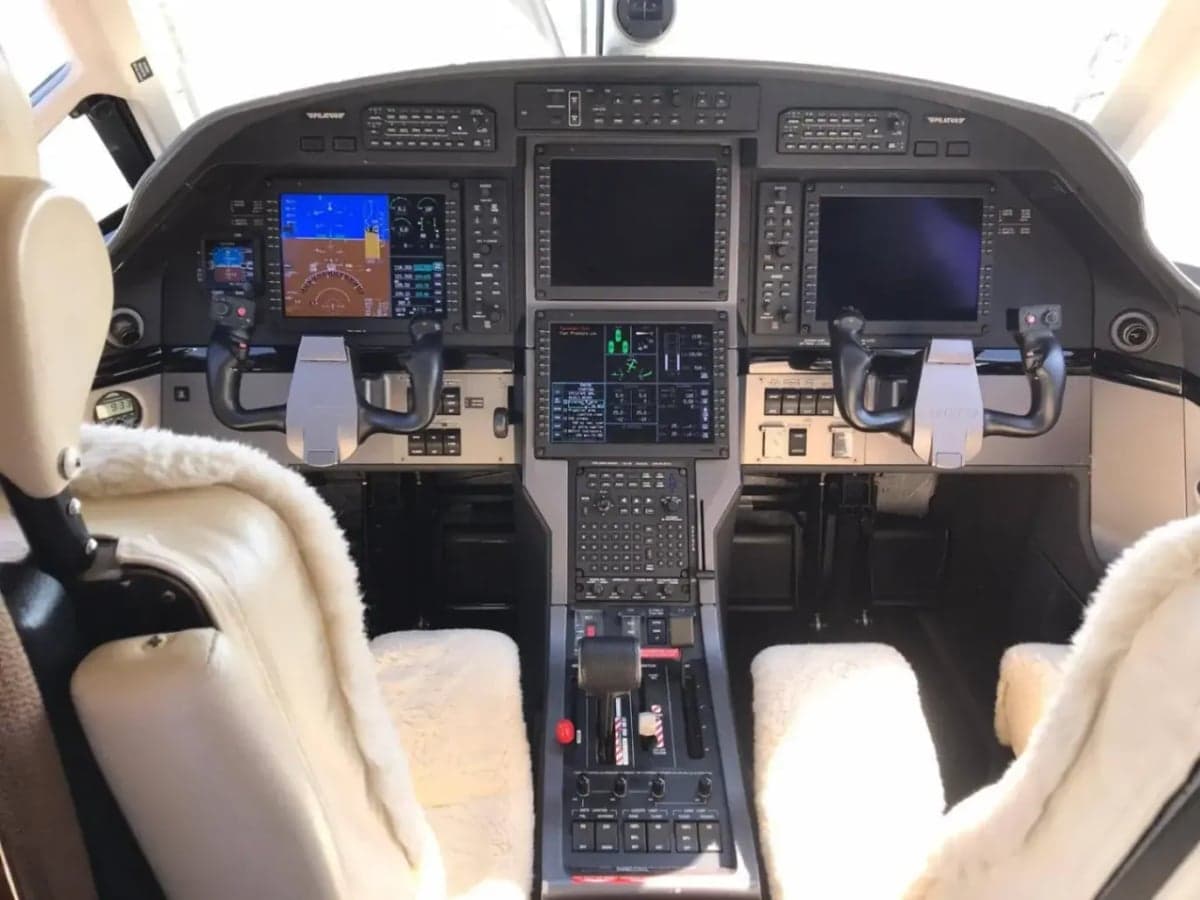 The cockpit of a Pilatus PC-12 with modern avionics.