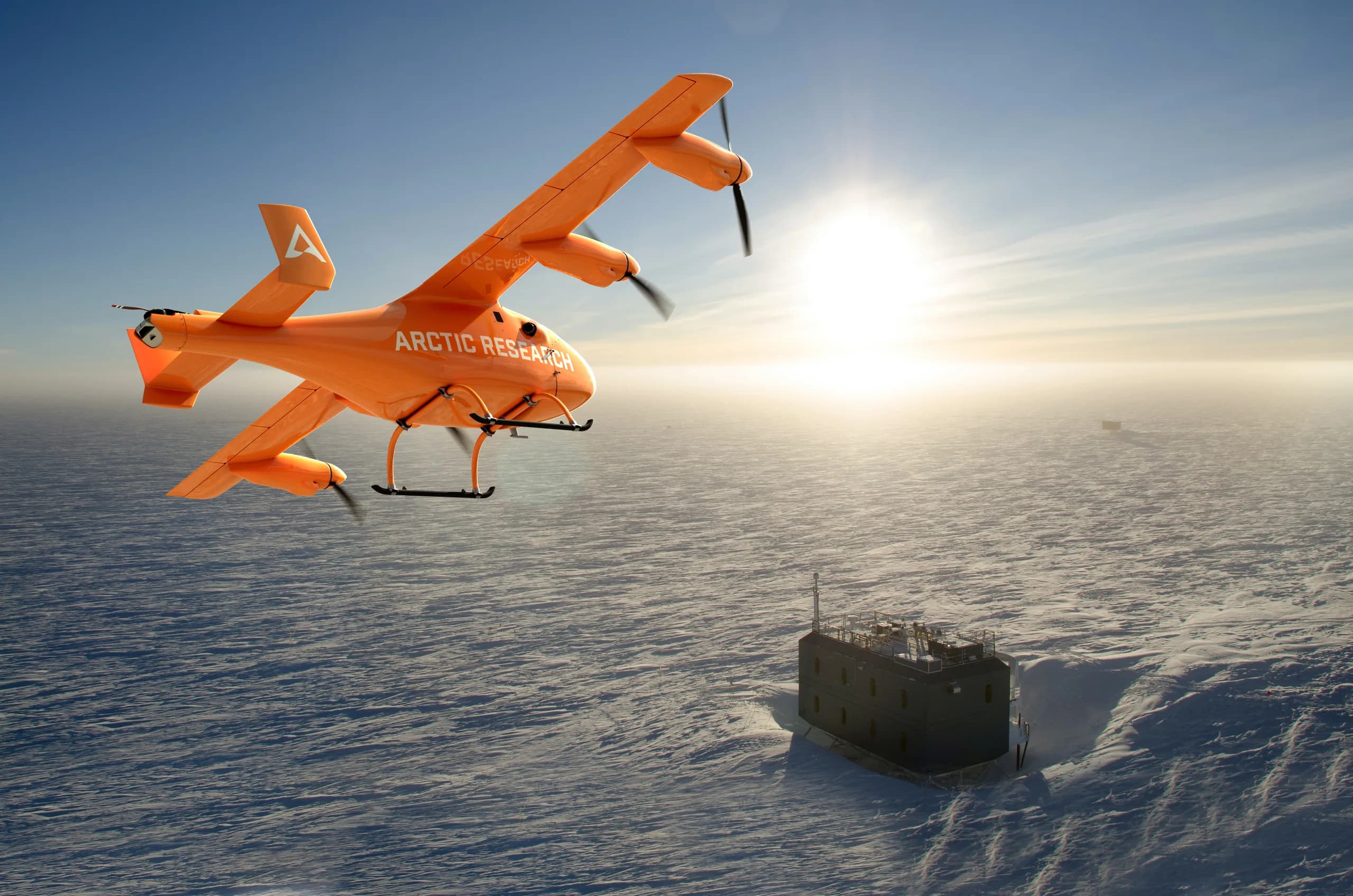 An orange Arctic Research eVTOL aircraft flying over a vast, snow-covered arctic landscape with a research outpost.