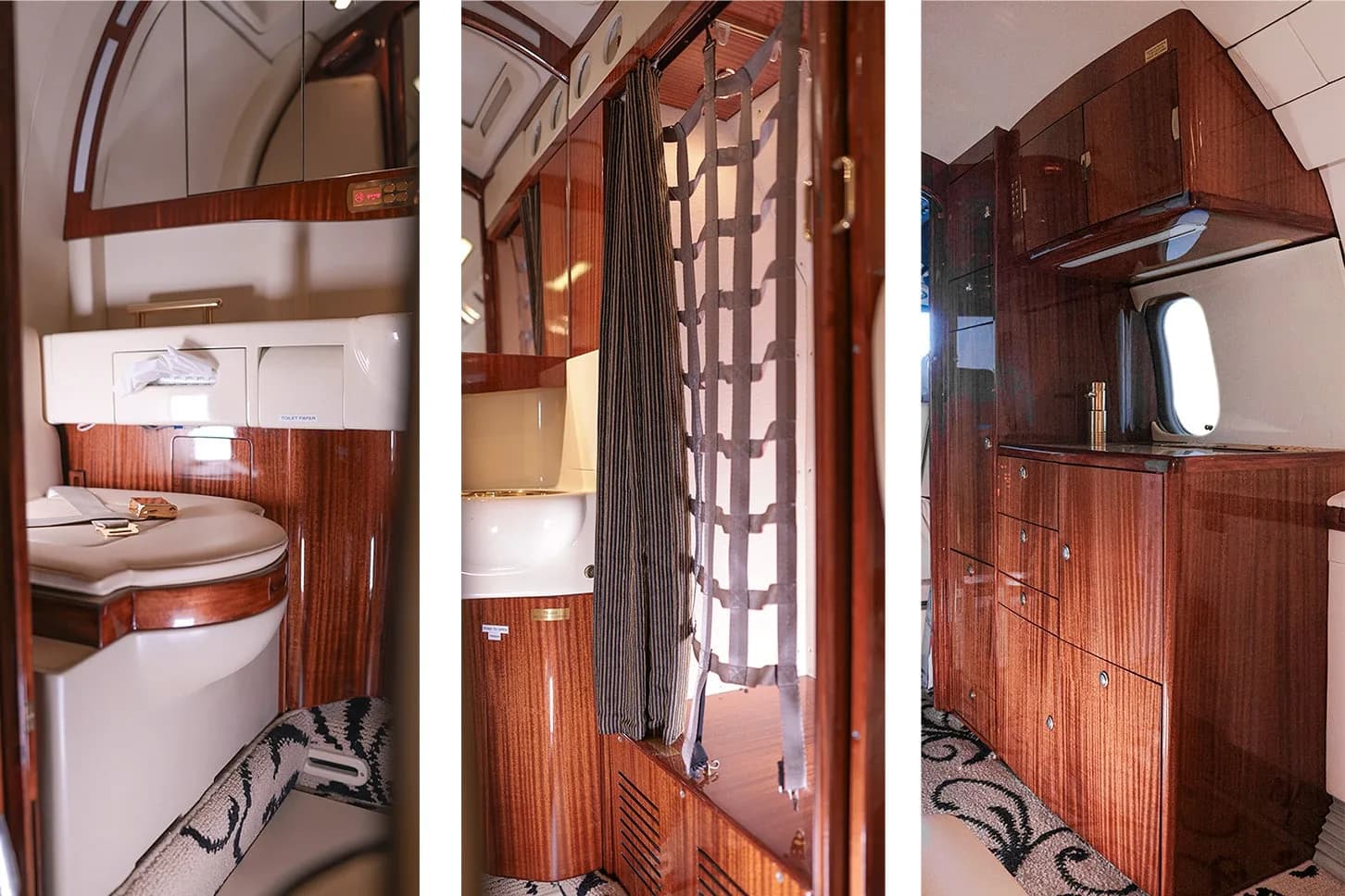 A triptych showing the private jet's lavatory with a toilet and sink, and a galley area with dark wood cabinets.