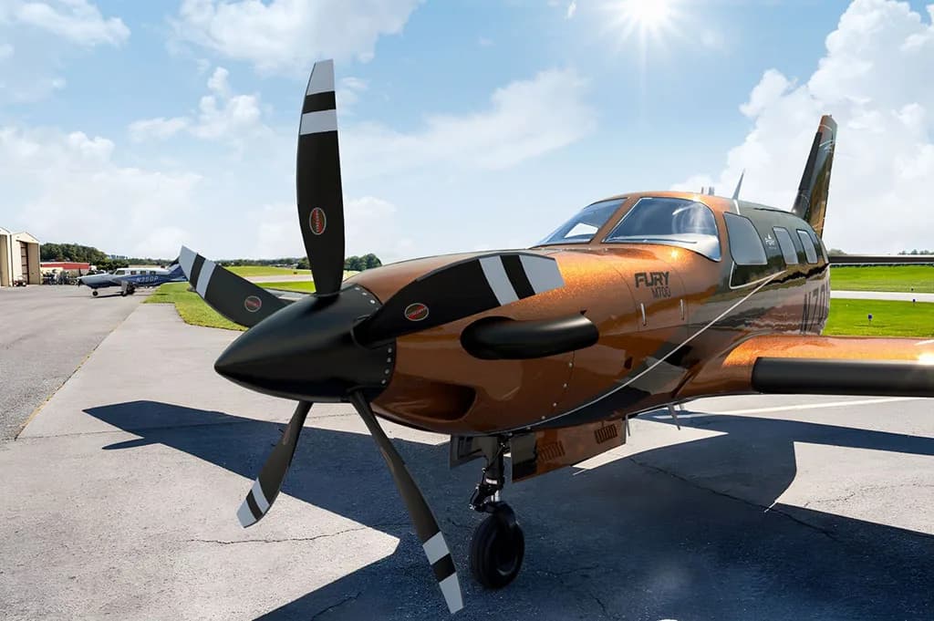 A close-up front view of a bronze and black single-engine turboprop aircraft (N700) with 'FURY M700' on the fuselage, parked on an airfield tarmac.