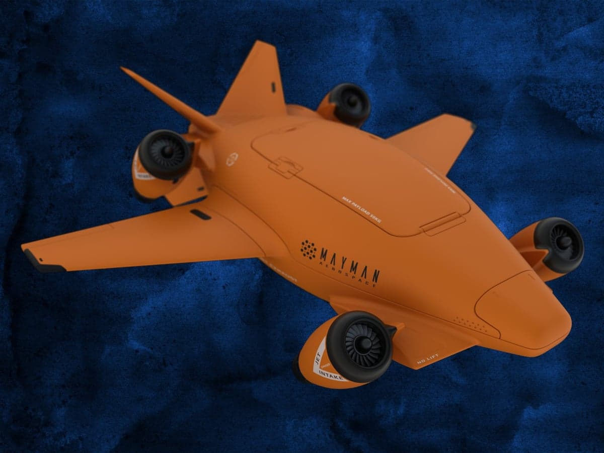 Mayman Aerospace aircraft with orange paint scheme, top view.