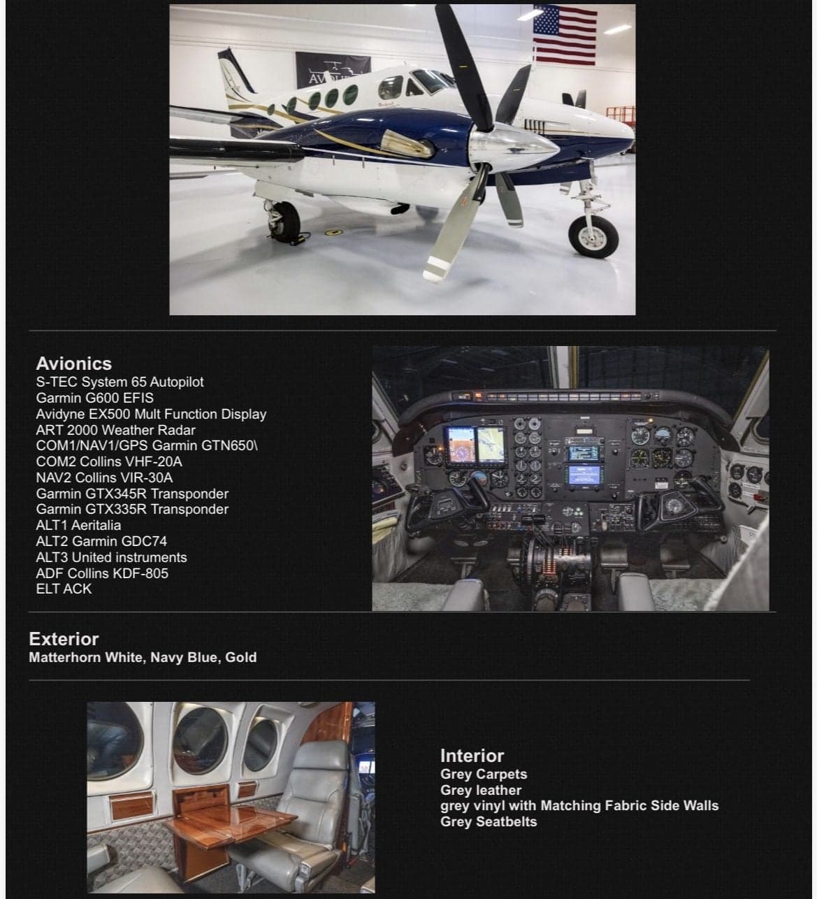 A Beechcraft King Air E-90, registration N53HS, with a blue and white paint scheme, is shown from a front-right view in a hangar.