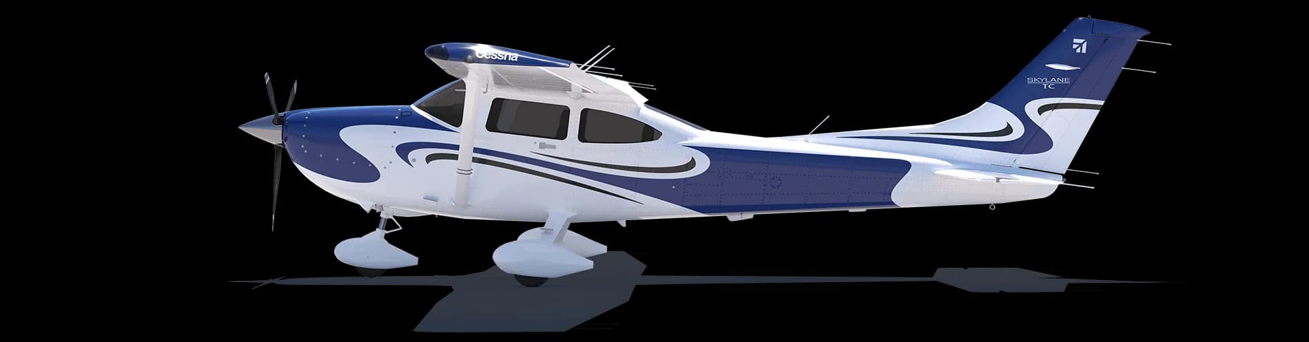 A white and blue Cessna Skylane on a black background.