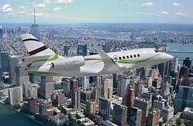 A white and green jet flying over a city.