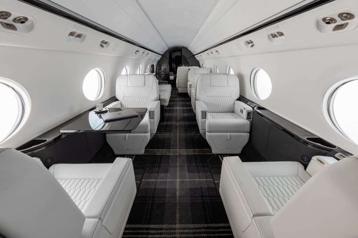 Interior view of the aircraft cabin with white leather seats and a black and grey plaid carpet.