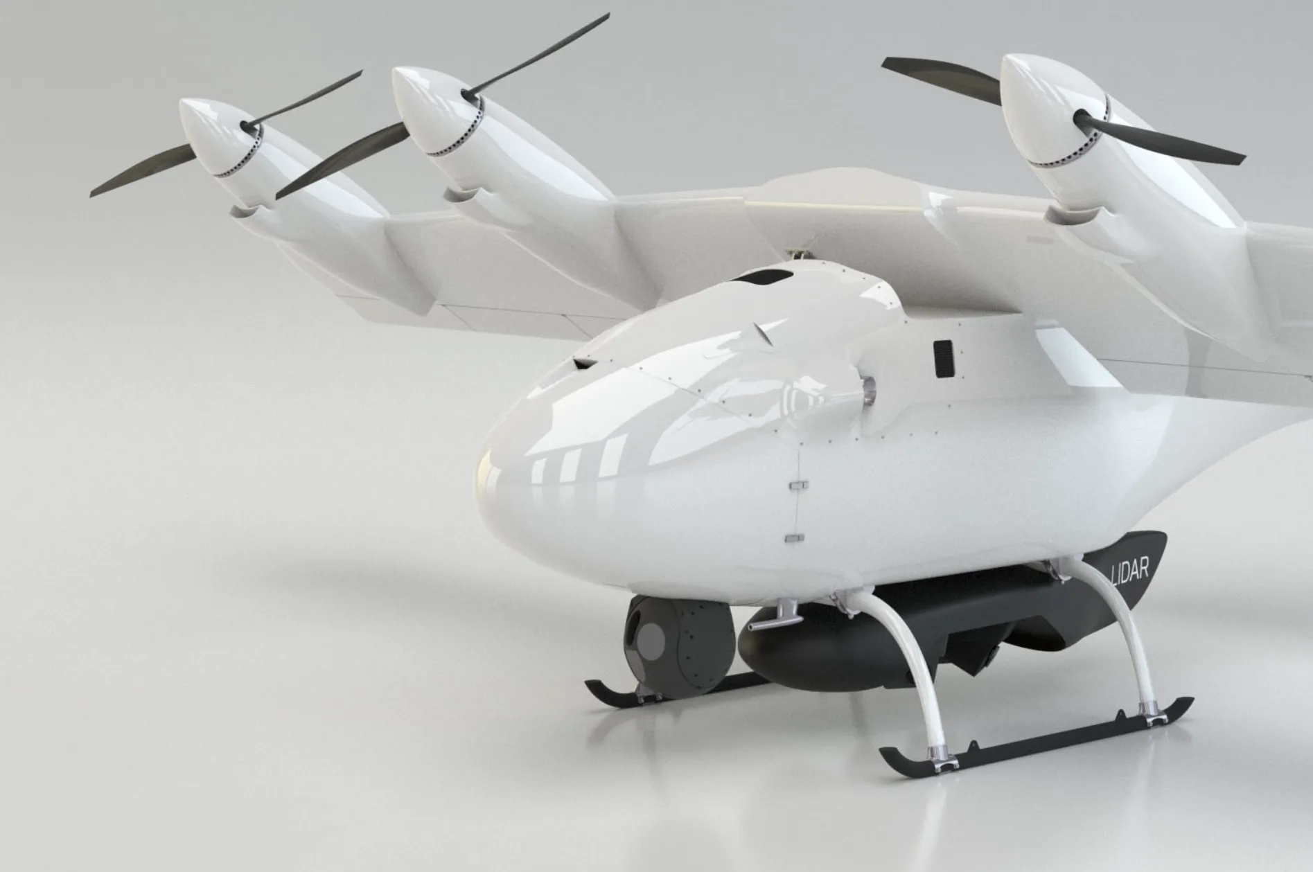 A close-up render of the front of a white eVTOL aircraft with a LIDAR pod mounted underneath.