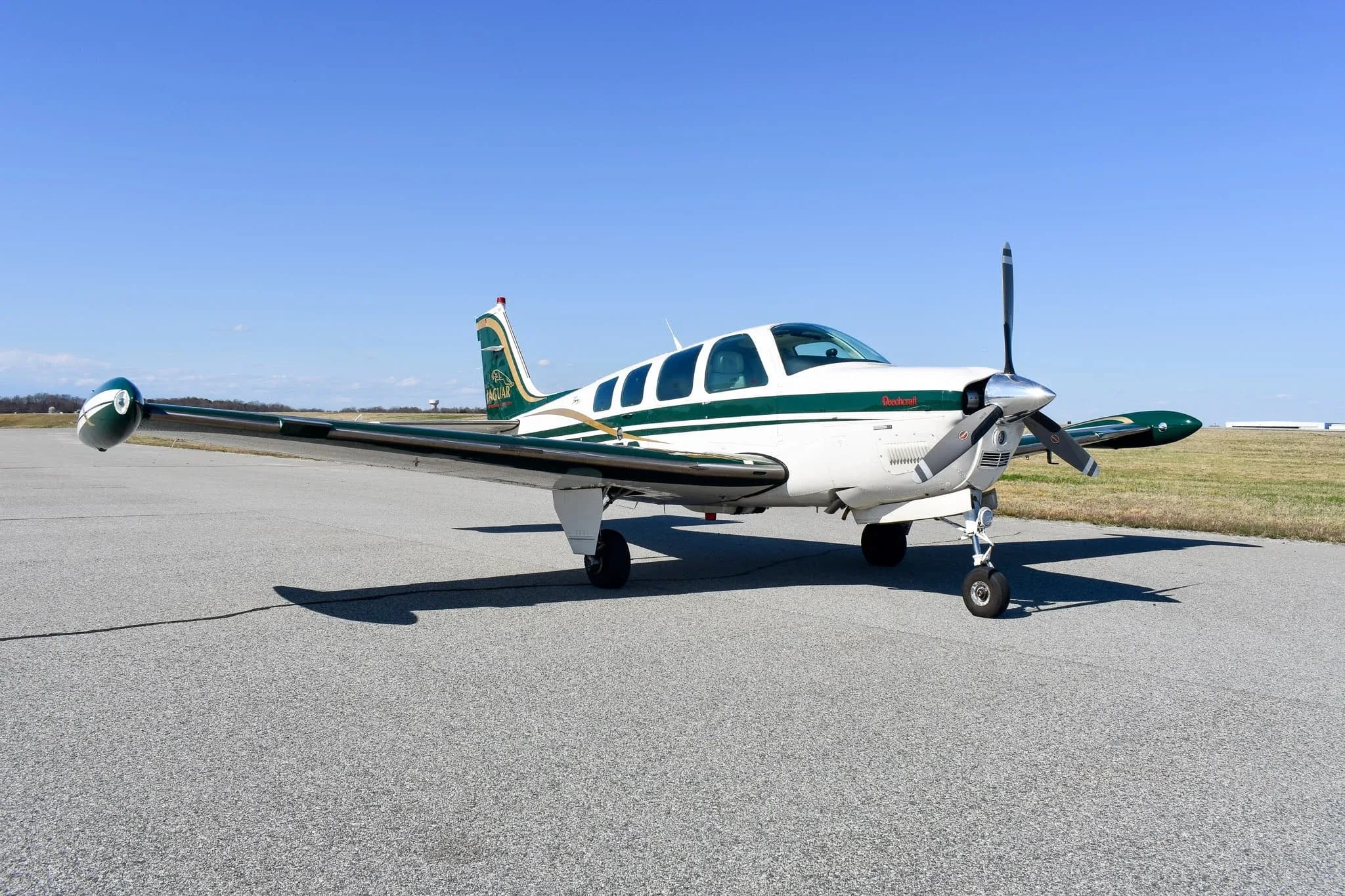 A front three-quarter view of a white and green Beechcraft Bonanza A36 with gold stripes and a "Jaguar Special Edition" logo on the tail, parked on an airfield.