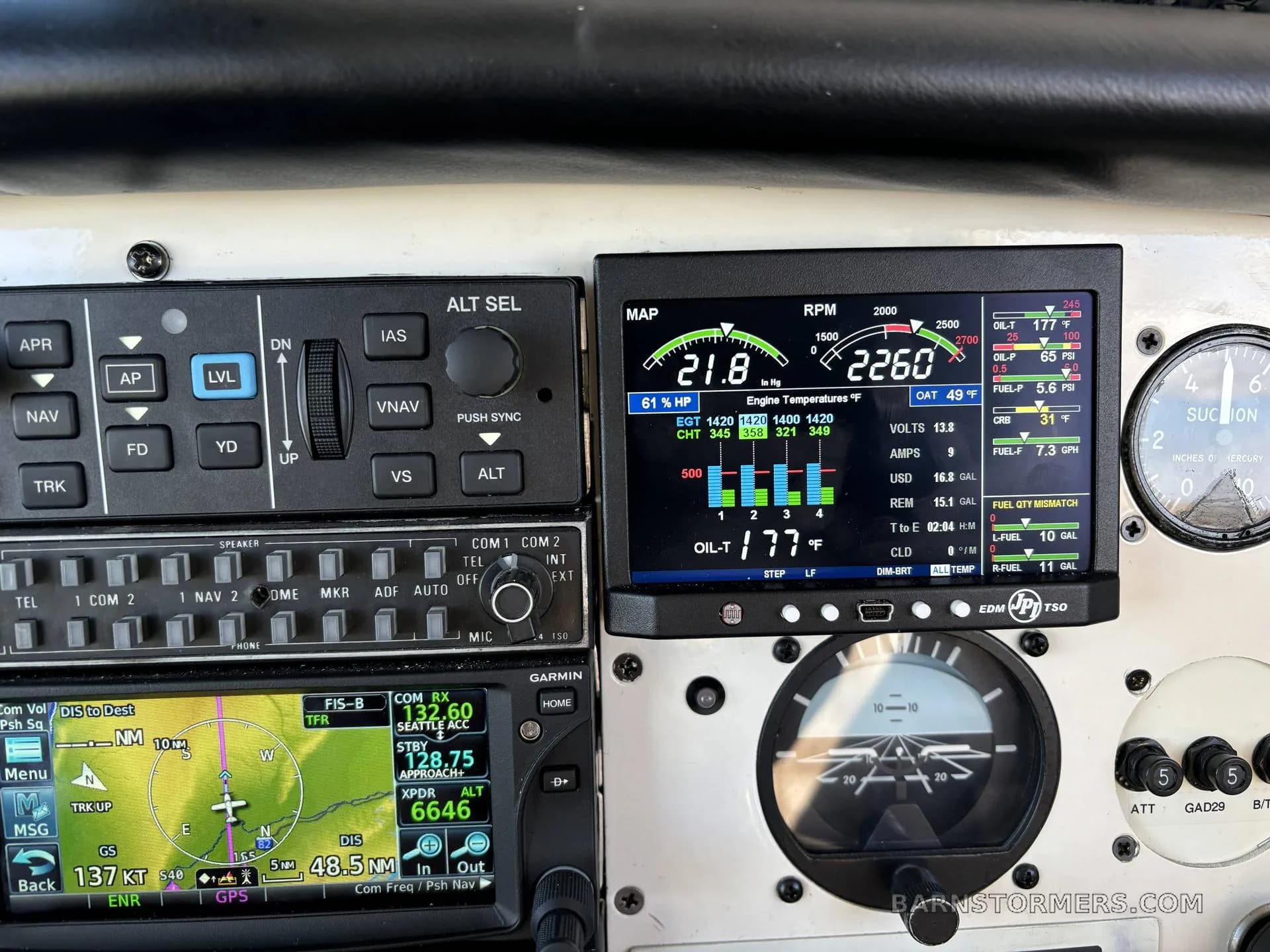 A close-up view of the right side of an aircraft instrument panel, showing a Garmin navigation display and an engine monitoring system.