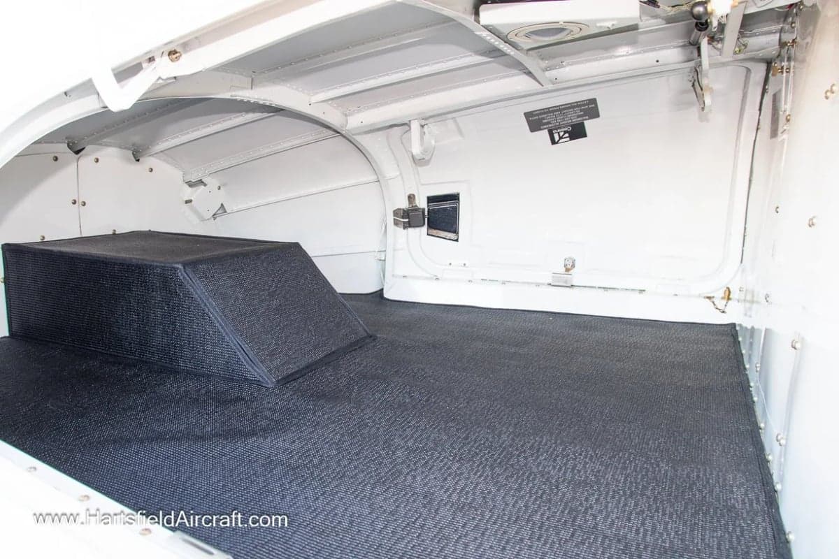 View of the interior of the aircraft's baggage compartment.
