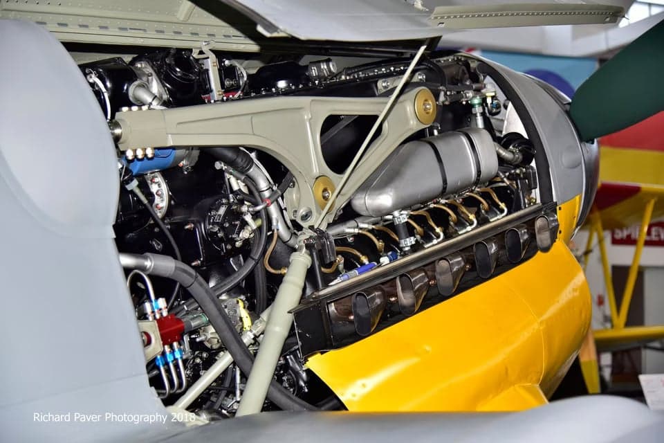 Close-up of the Messerschmitt Bf 109 engine and propeller.