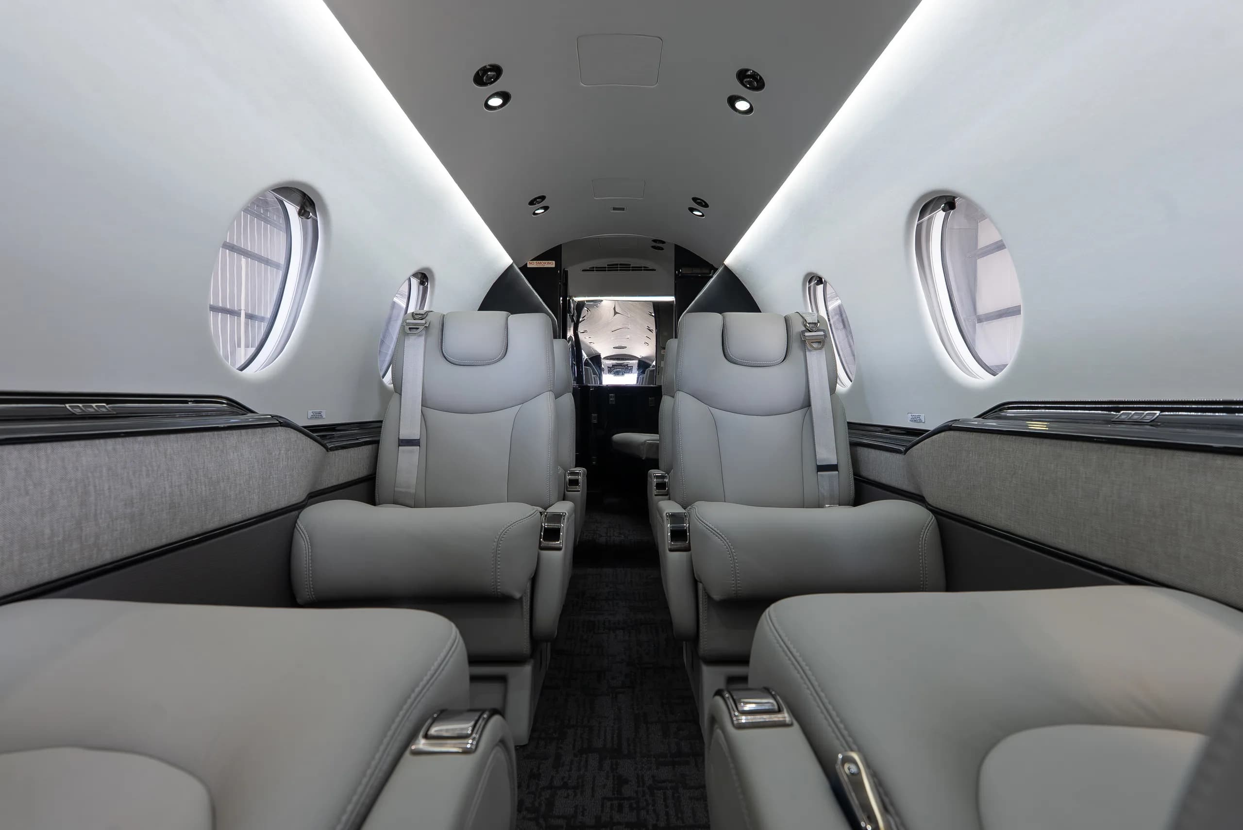 The aircraft cabin features light gray leather seats arranged in a club configuration with large windows.