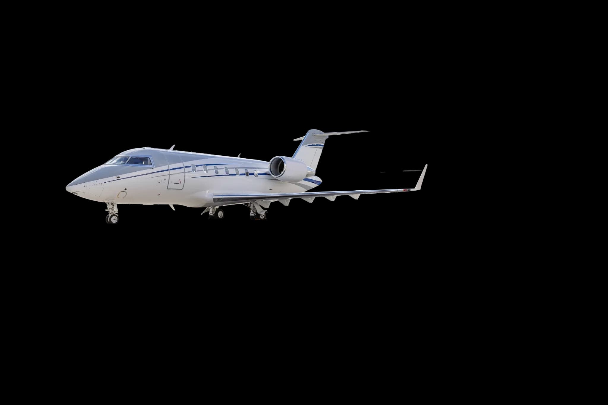 A white and grey Bombardier Global Express business jet with blue stripes is parked on the tarmac.