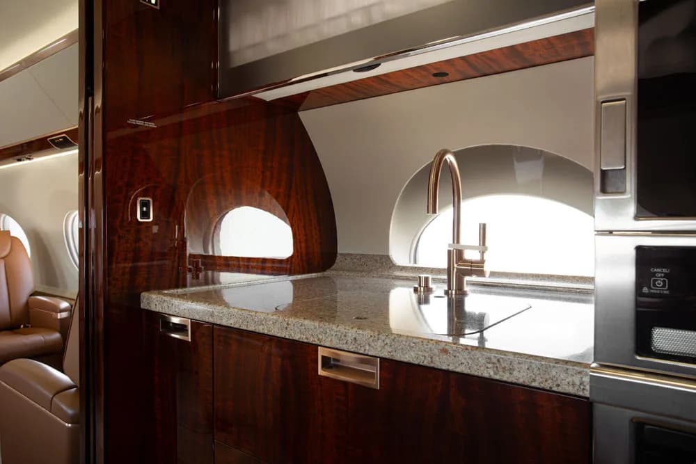 Aircraft galley with sink and microwave.