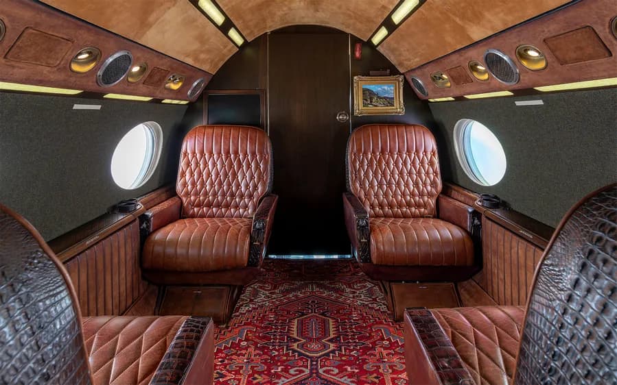 Aircraft interior with leather seats and a patterned rug.