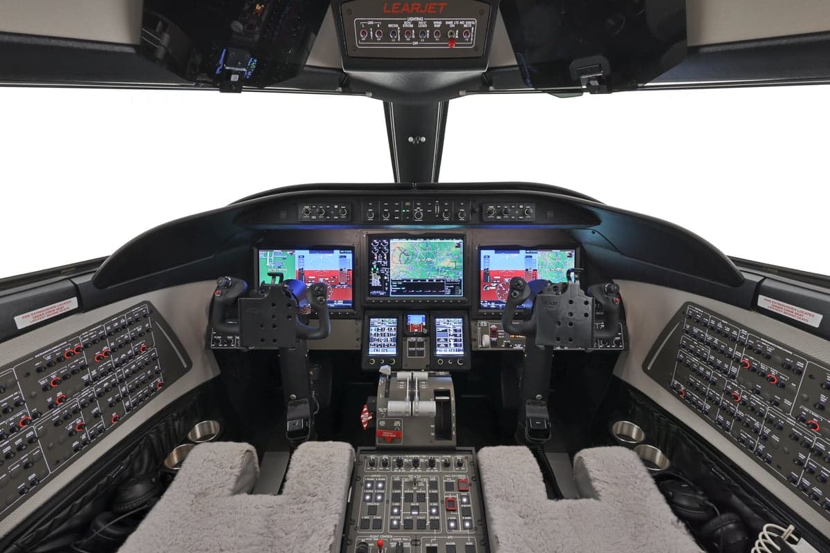 View of the Learjet 45XR cockpit instrument panel.