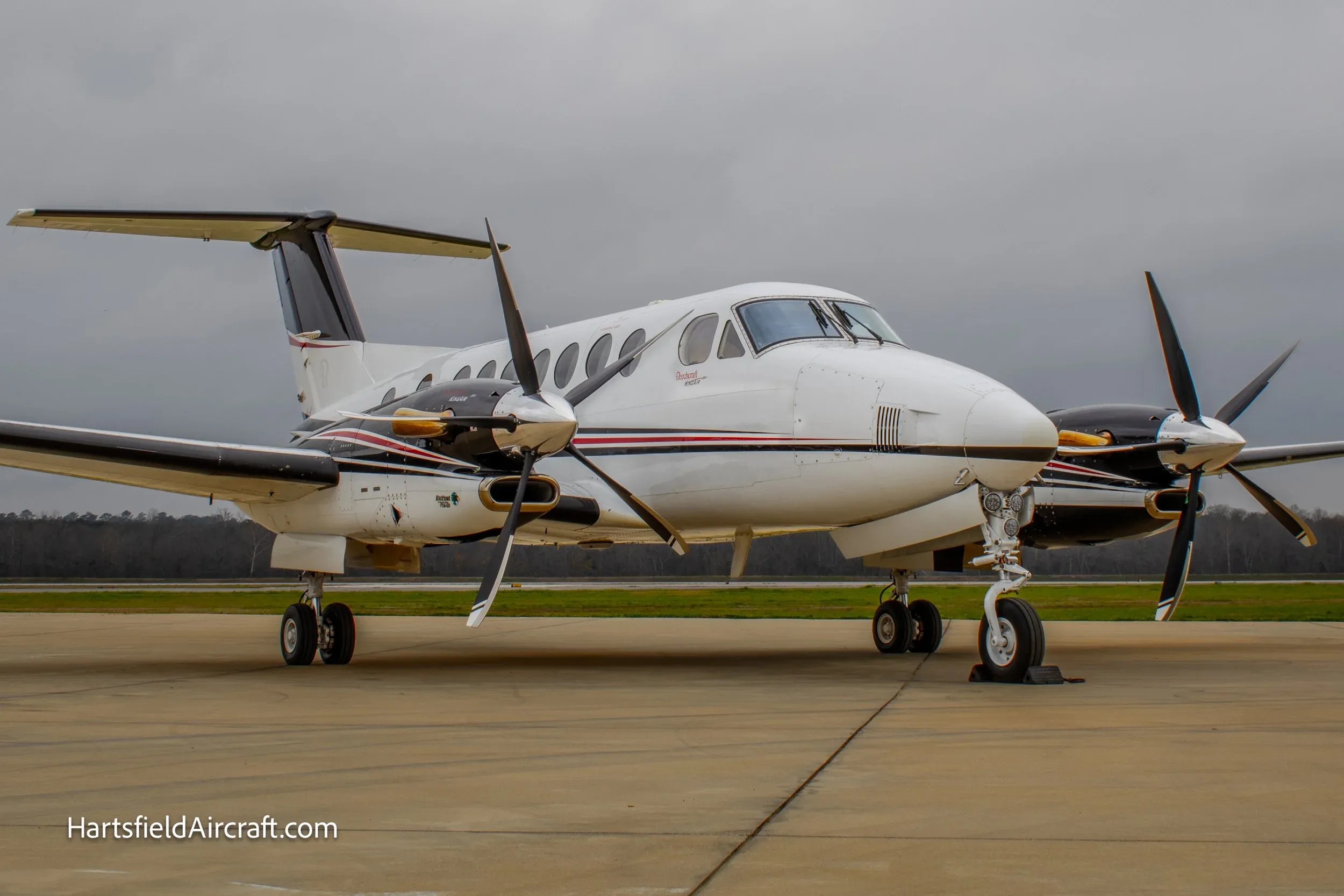 Front side view of a King Air 360 on the tarmac.