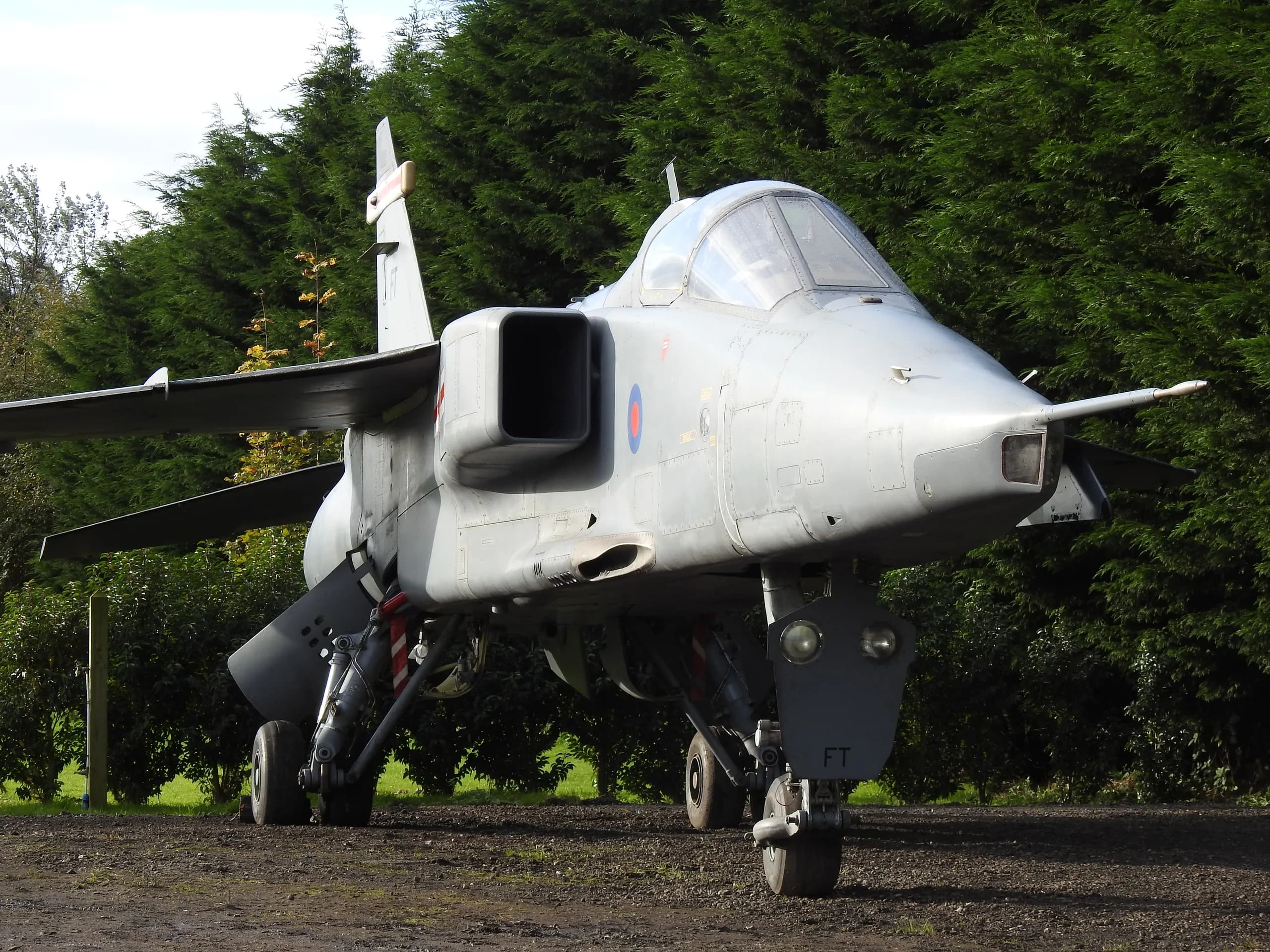 A close-up front view of a grey military jet aircraft, possibly a Jaguar, parked outdoors with green trees in the background.