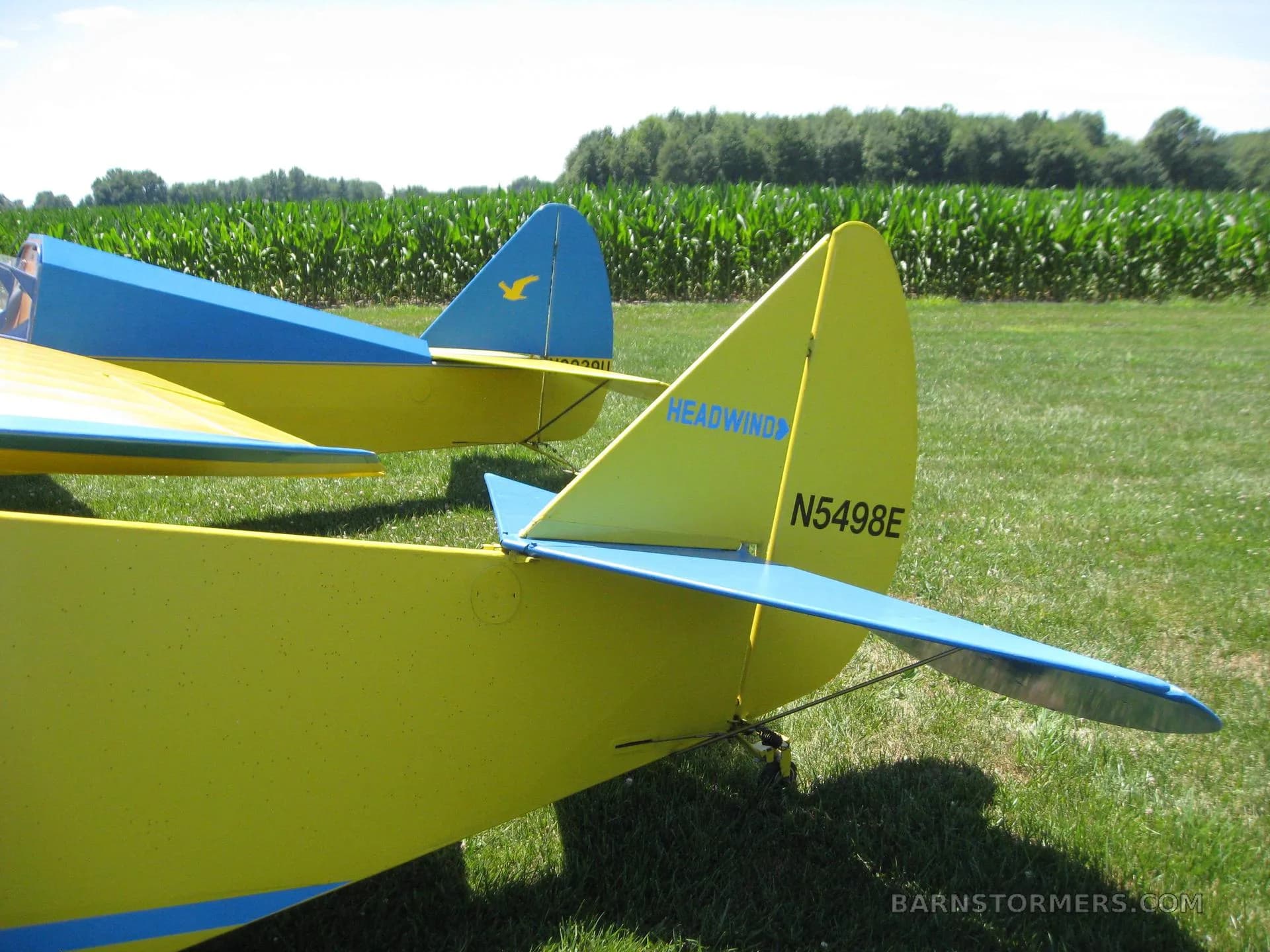 Close-up view of the tail sections of two yellow and blue single-engine aircraft, showing registration N5498E.