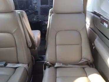 The seats in the cabin of a Cessna 421C Golden Eagle aircraft.