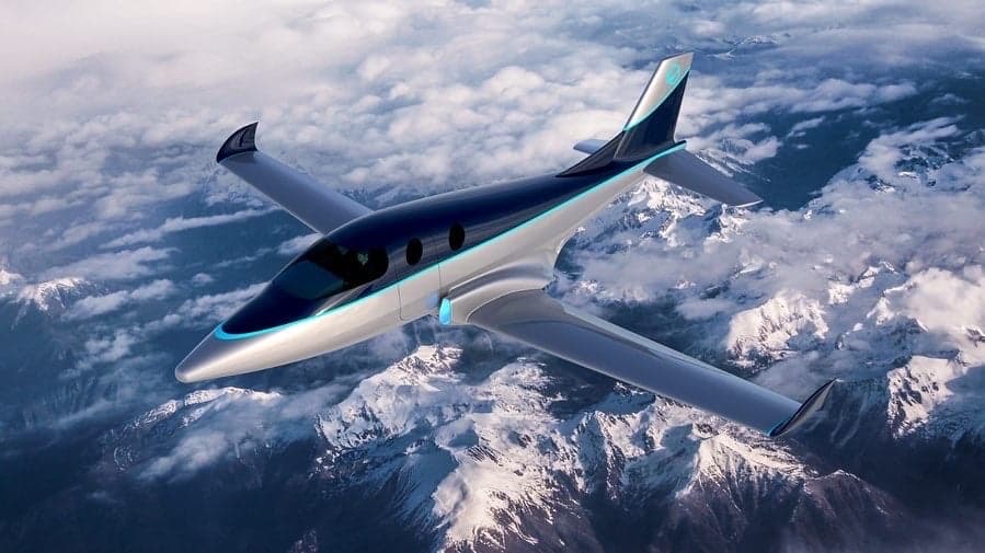 A rendering of an aircraft flying over a snowy mountain range.