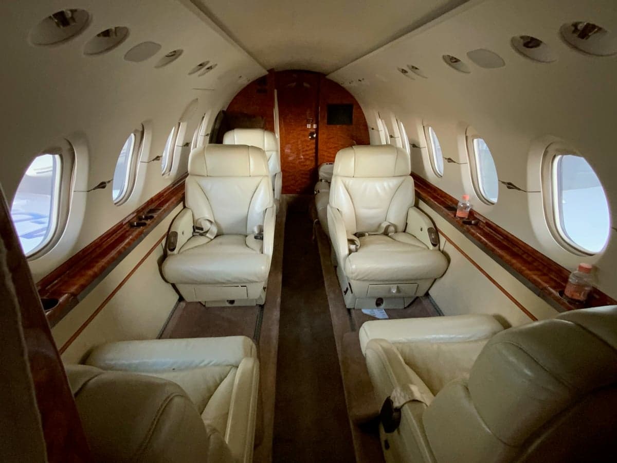 View of the Falcon 50 cabin with leather seats.