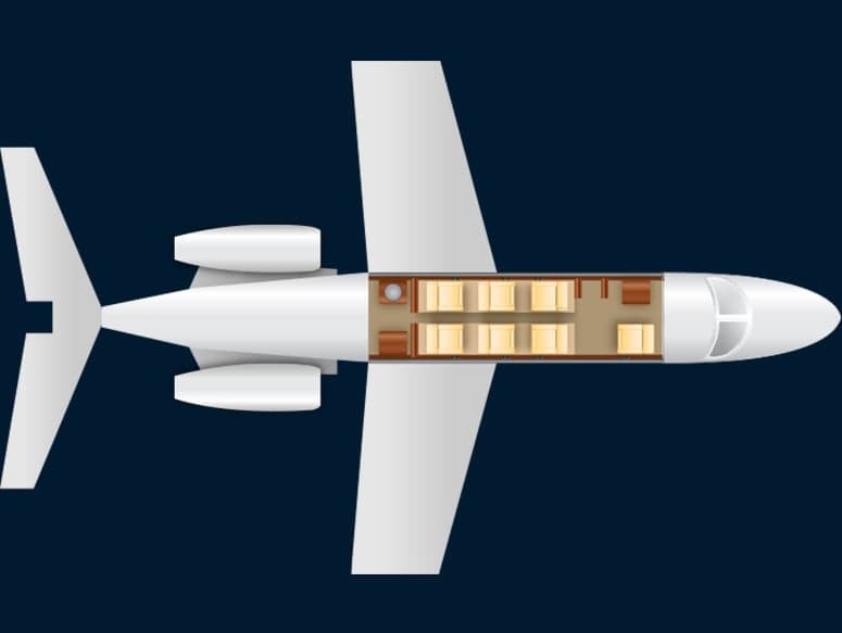 Overhead diagram of a Cessna Citation CJ1 showing the cabin layout.