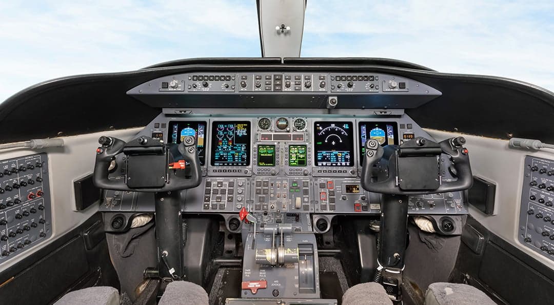 View of the Learjet 45XR cockpit instrument panel.