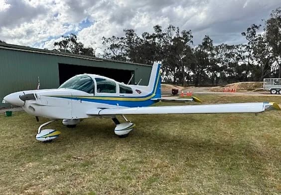 Side view of a white and blue single-engine aircraft parked on the grass.