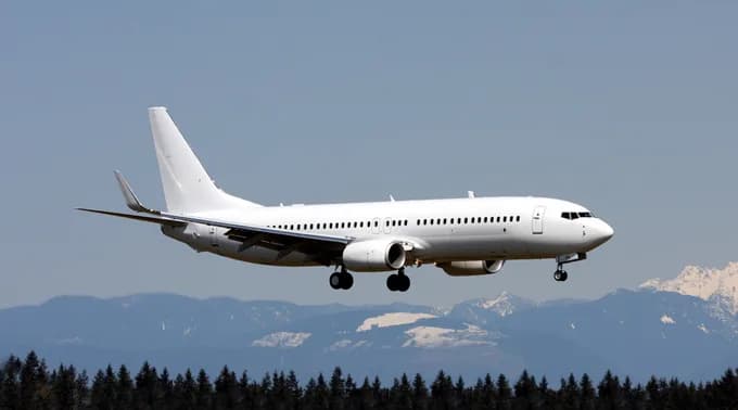 A white Boeing 737 aircraft with landing gear down, flying over a forest with snow-capped mountains in the background.