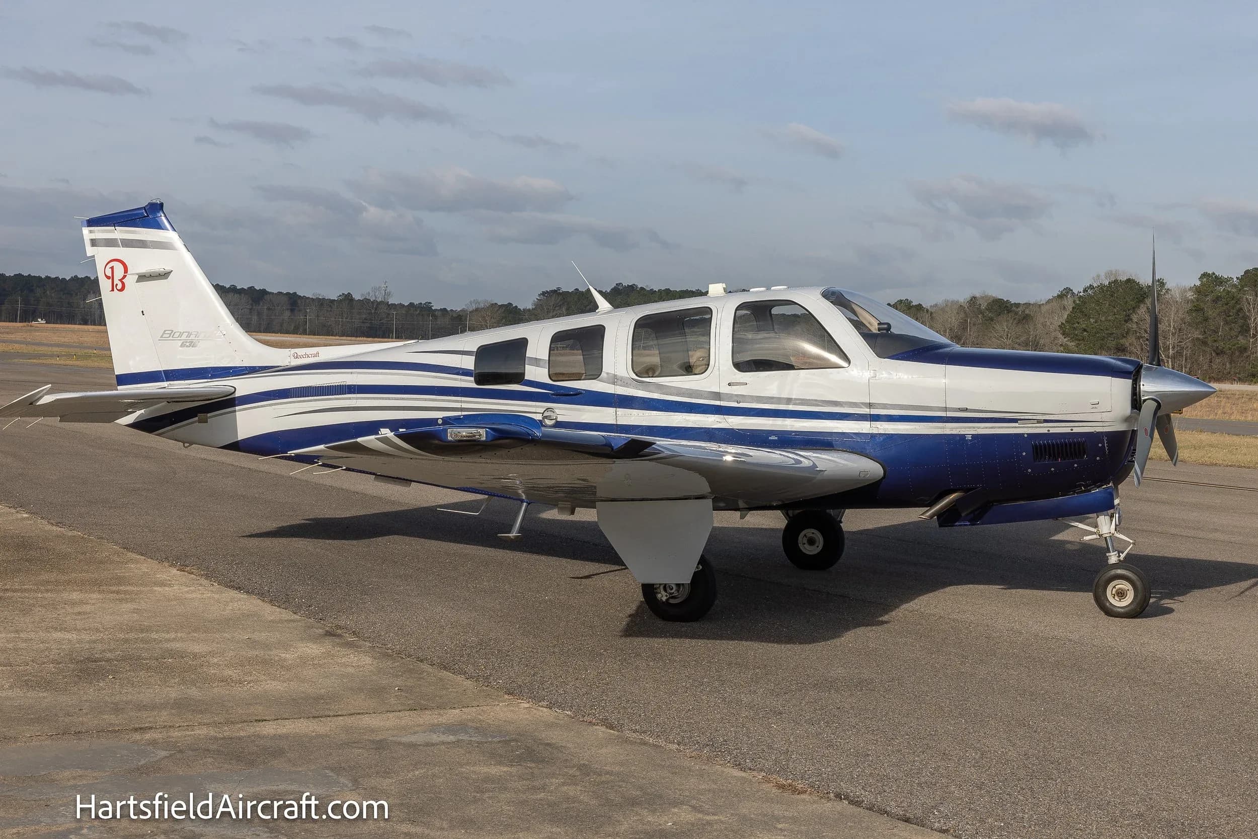 A Beechcraft Bonanza G36 aircraft on the ground, painted in white and blue.