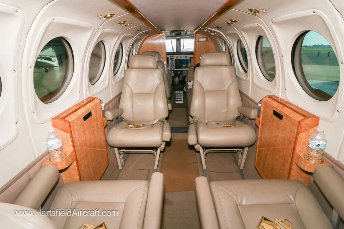 View of the cabin seats in the King Air aircraft.