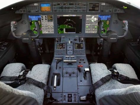 Cockpit view with instrument panel and sheepskin seat covers.