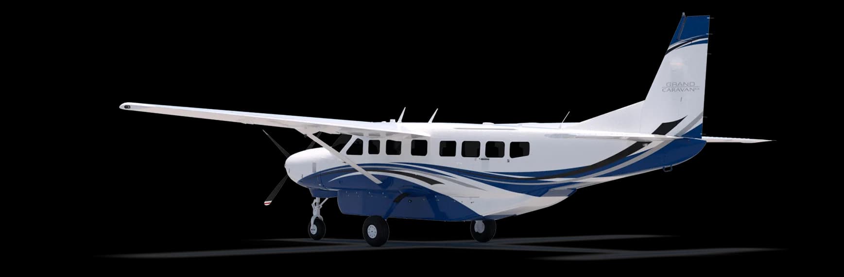 Stock photo of a Cessna Grand Caravan with blue and white paint scheme, side view.