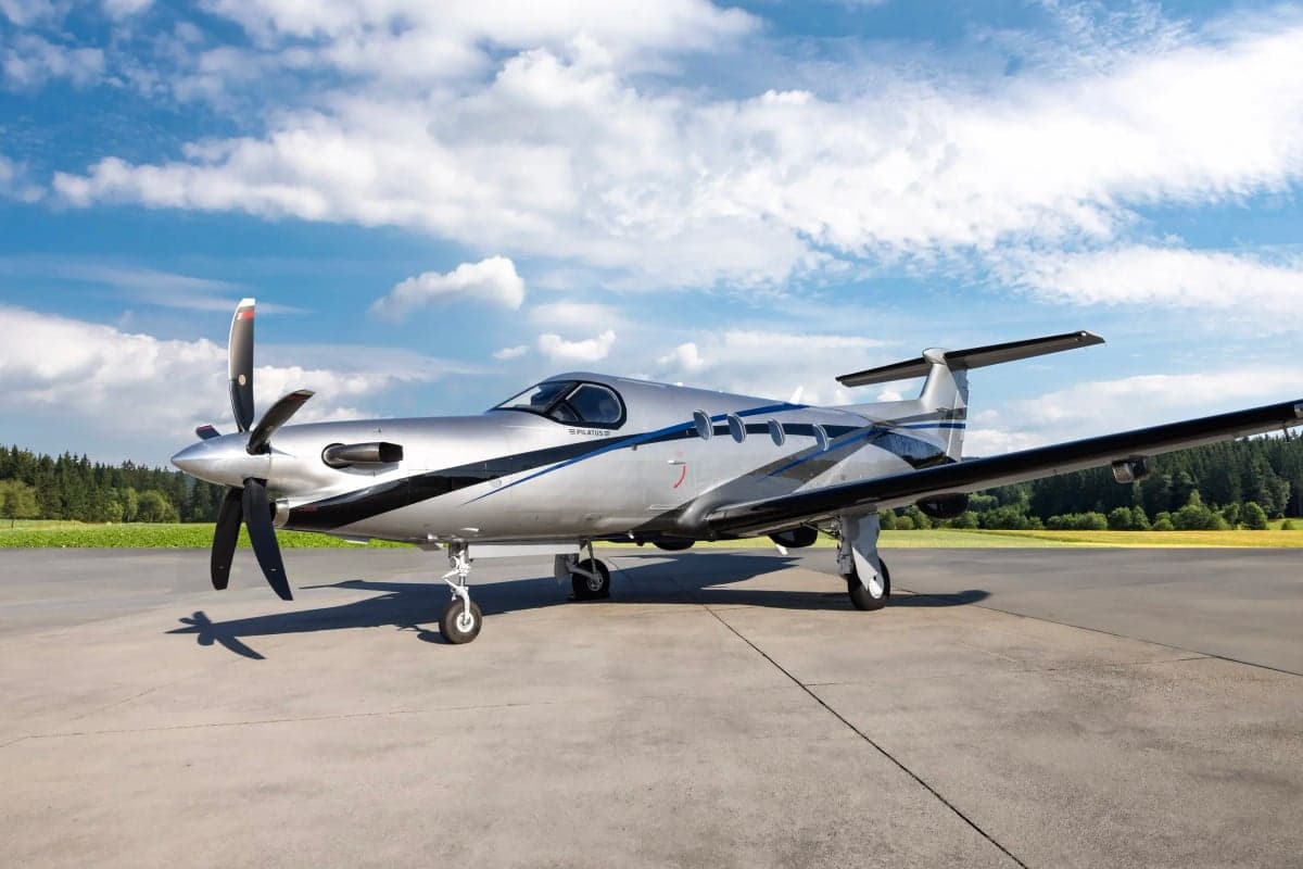 Front side view of a Pilatus PC-12NG on the tarmac.