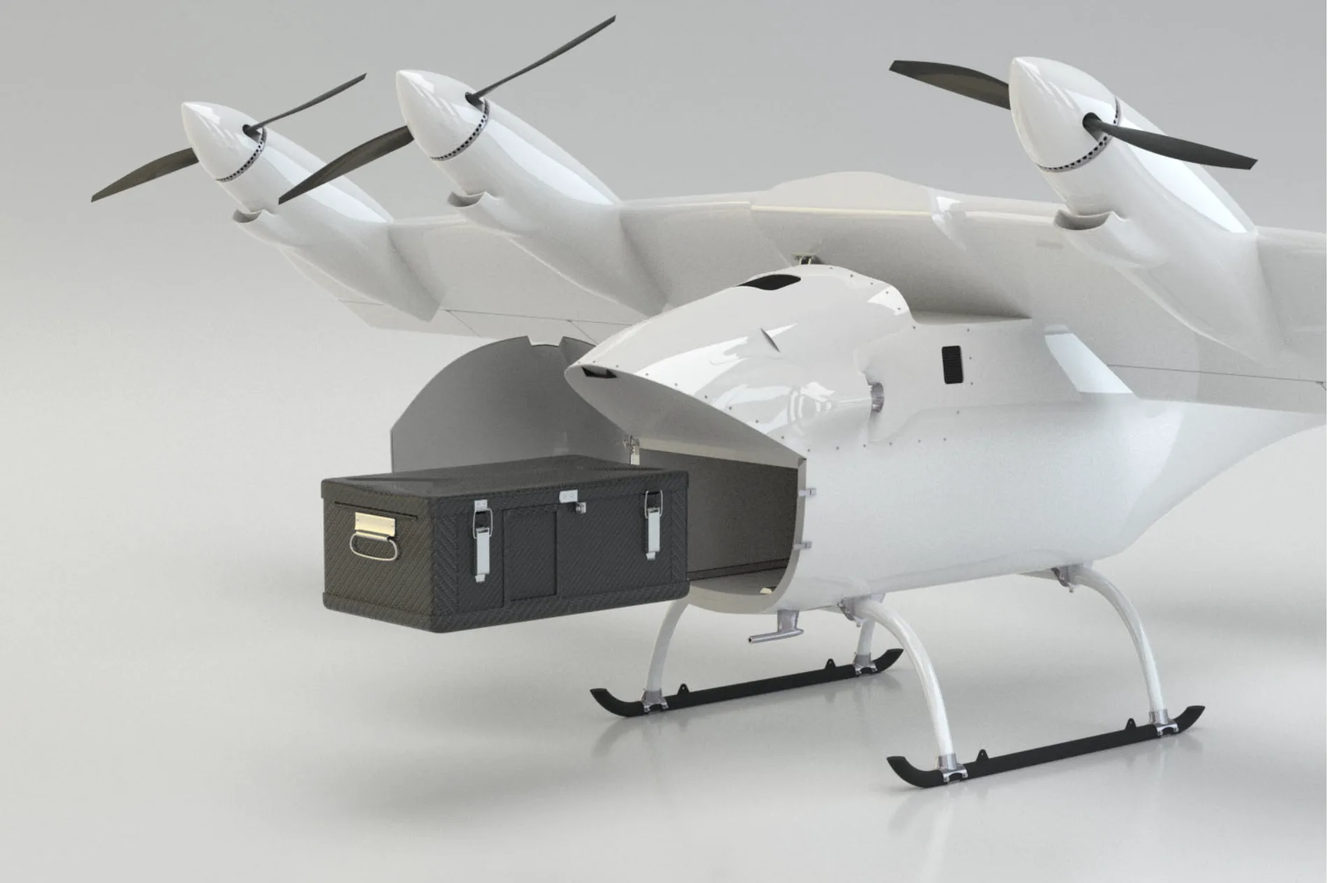 A close-up render of a white eVTOL aircraft with its cargo bay open, revealing a black cargo box.