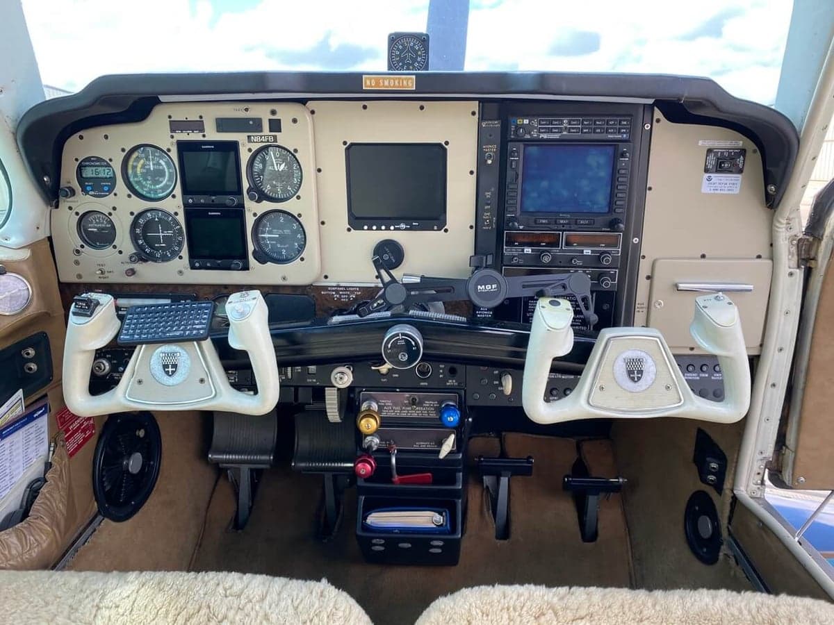 The aircraft's instrument panel and yokes.