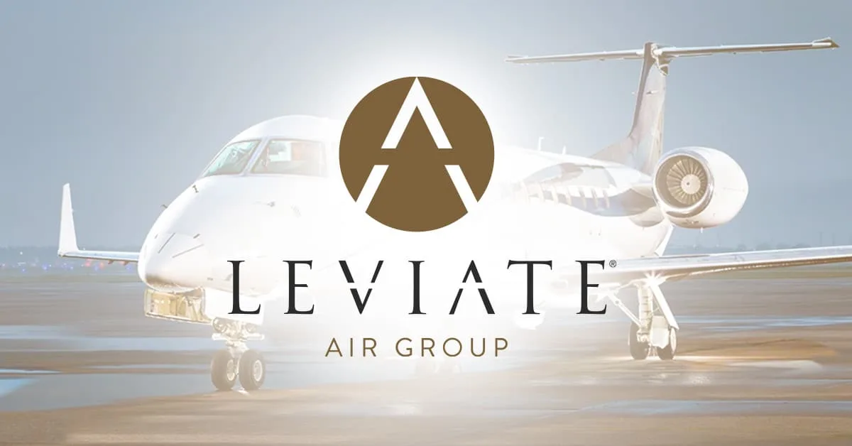 A white business jet is shown on an airfield with the 'LEVIATE AIR GROUP' logo and text overlaid.