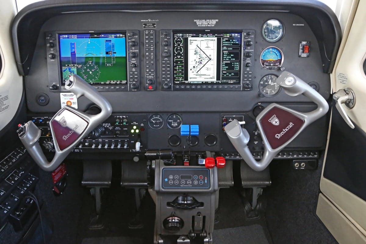 Detailed view of the Beechcraft Baron G58 cockpit instrument panel.