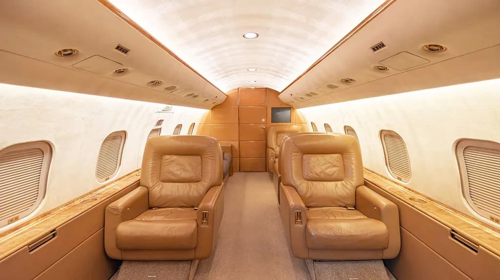 The private jet cabin interior with two rows of opposing tan leather seats and polished wood accents.