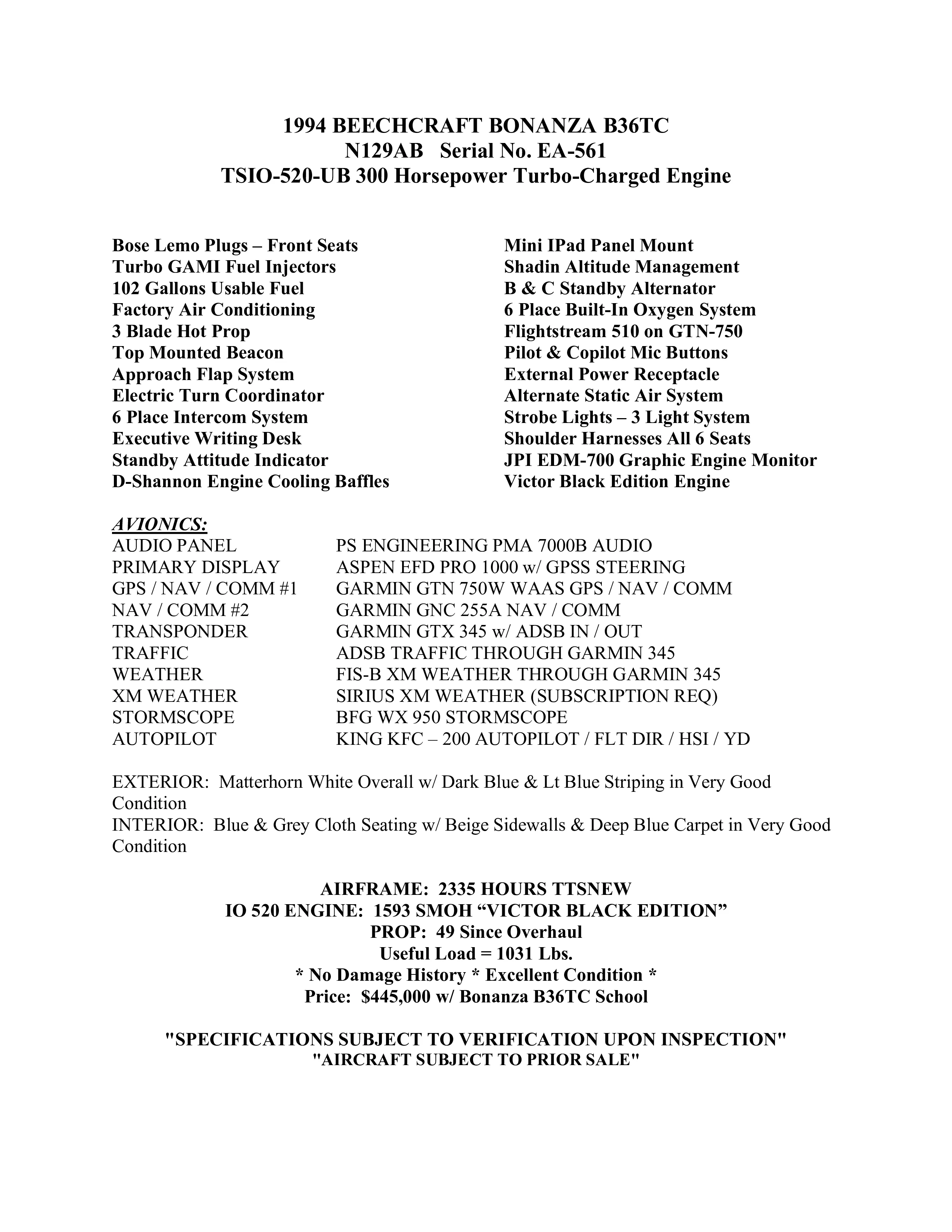 Aircraft specifications and equipment list.