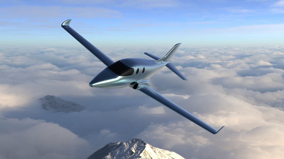 A rendering of an aircraft flying over a snowy mountain range.