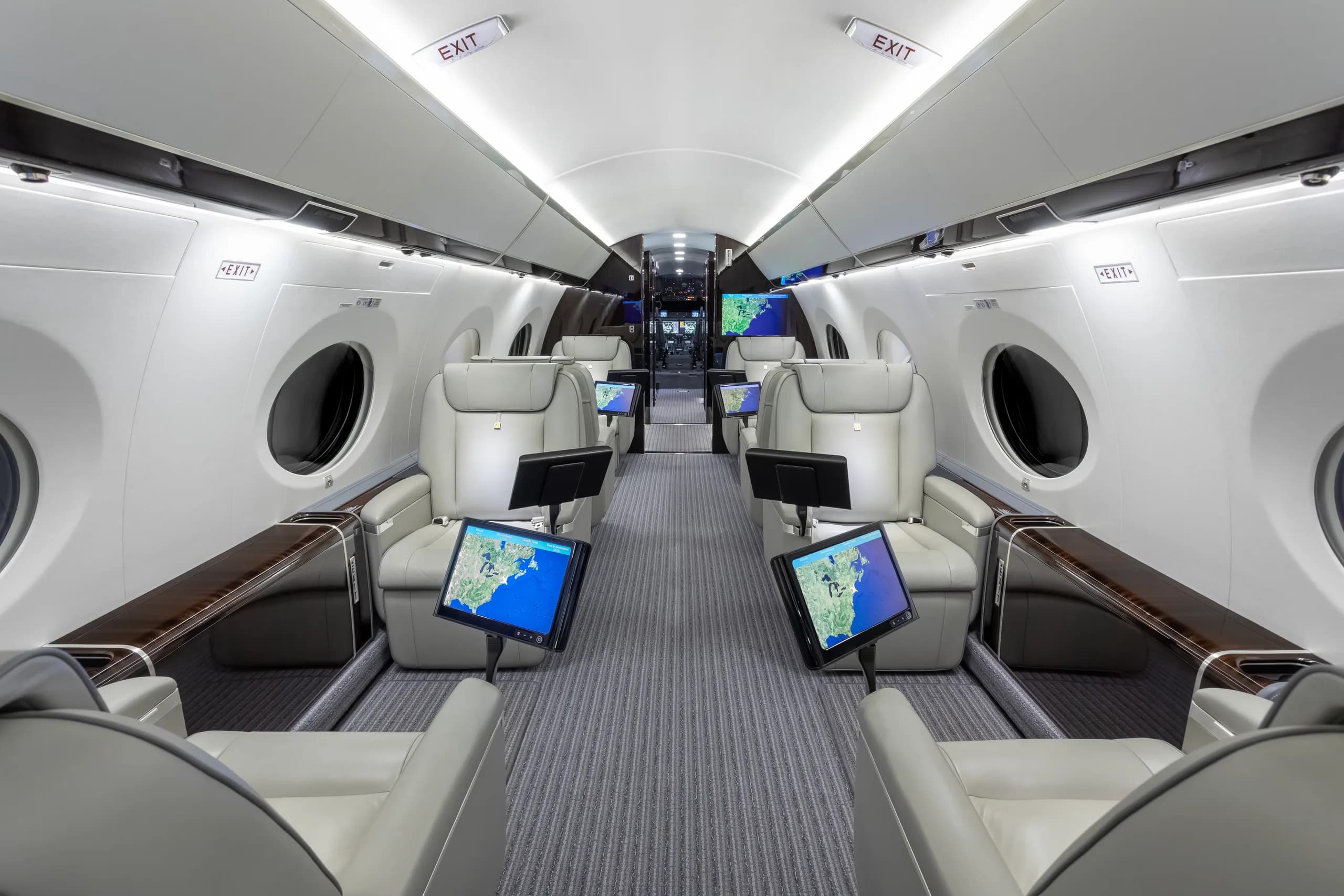 The private jet cabin interior, showing multiple light grey leather seats with individual screens displaying maps, and "EXIT" signs above.
