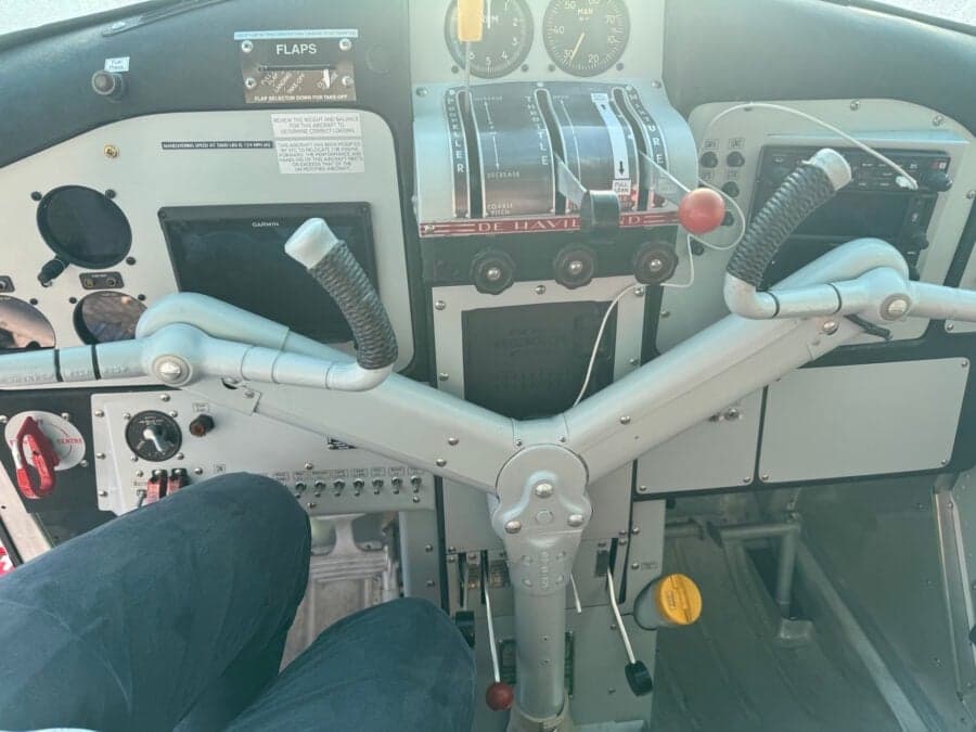 View of the de Havilland Canada DHC-3 Otter's control yoke and instrument panel.